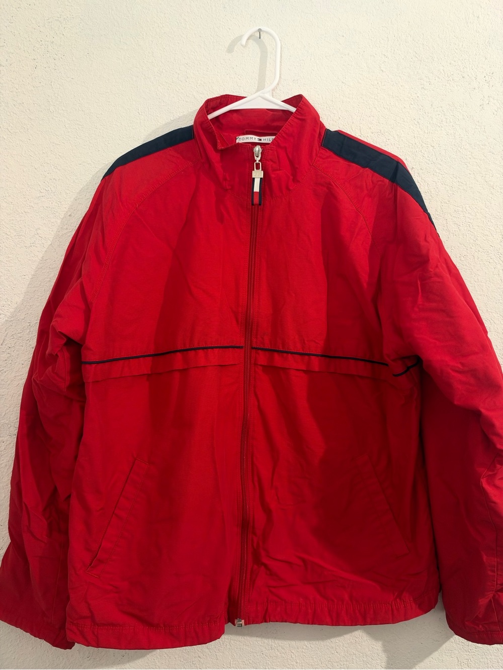 Vintage Tommy Hilfiger Red Windbreaker with Navy Shoulder Accents